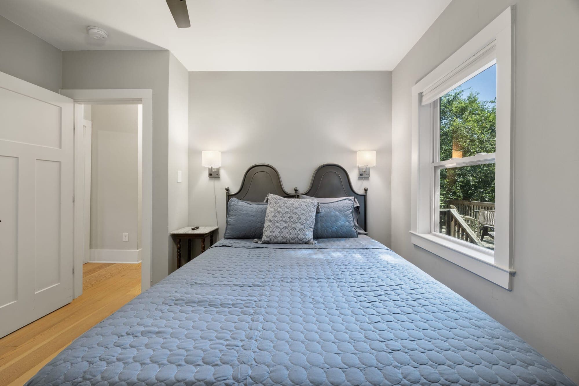 Bedroom with a blue bedspread