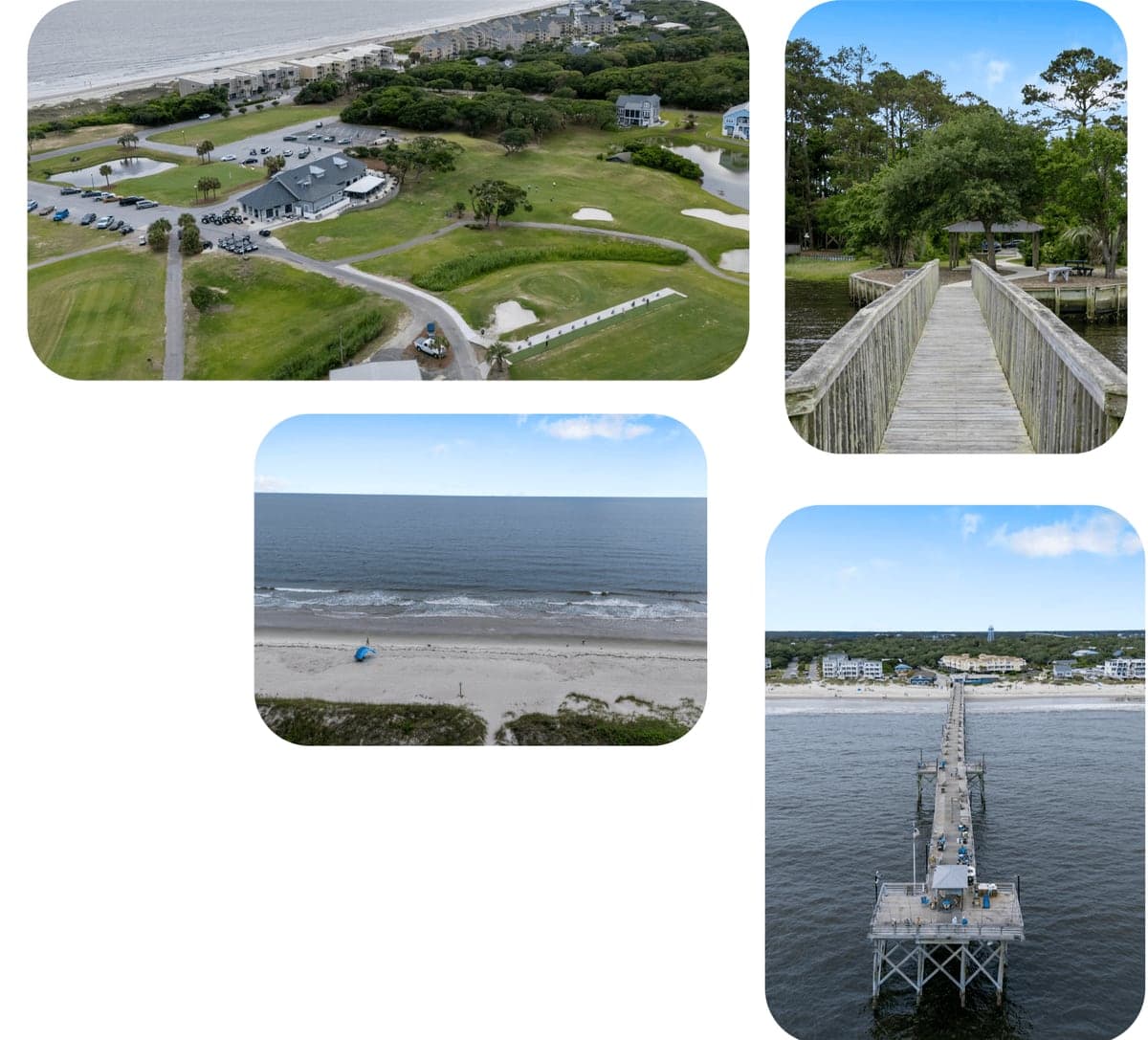Aerial views of the Oak Island beach, a marsh boardwalk and the pier